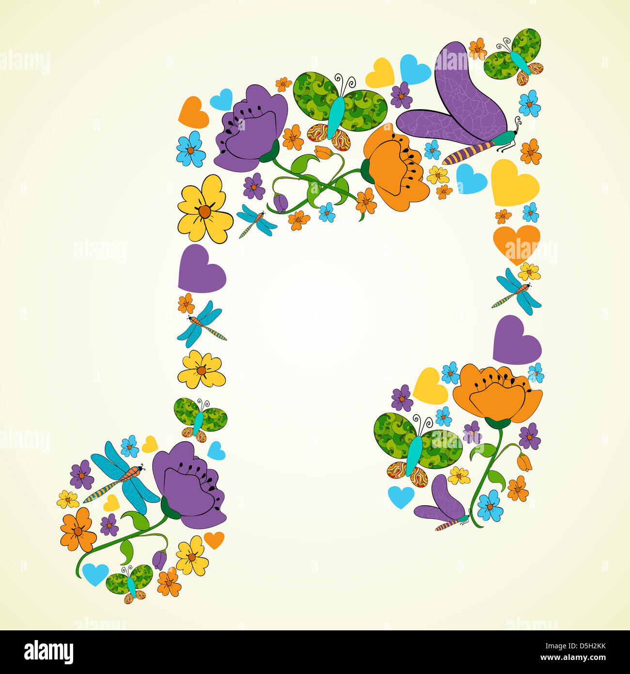 Bunter Frühling Symbole Textur in Anmerkung Form Zusammensetzung Hintergrundmusik. Vektor-Illustration für einfache Handhabung und individuelle Färbung geschichtet. Stockfoto