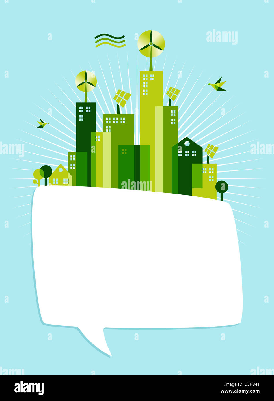 Kommunikation und Umwelt Erhaltung Konzept Illustration. Grüne Stadt mit social-Media-Sprechblase auf blauen Himmelshintergrund. Stockfoto