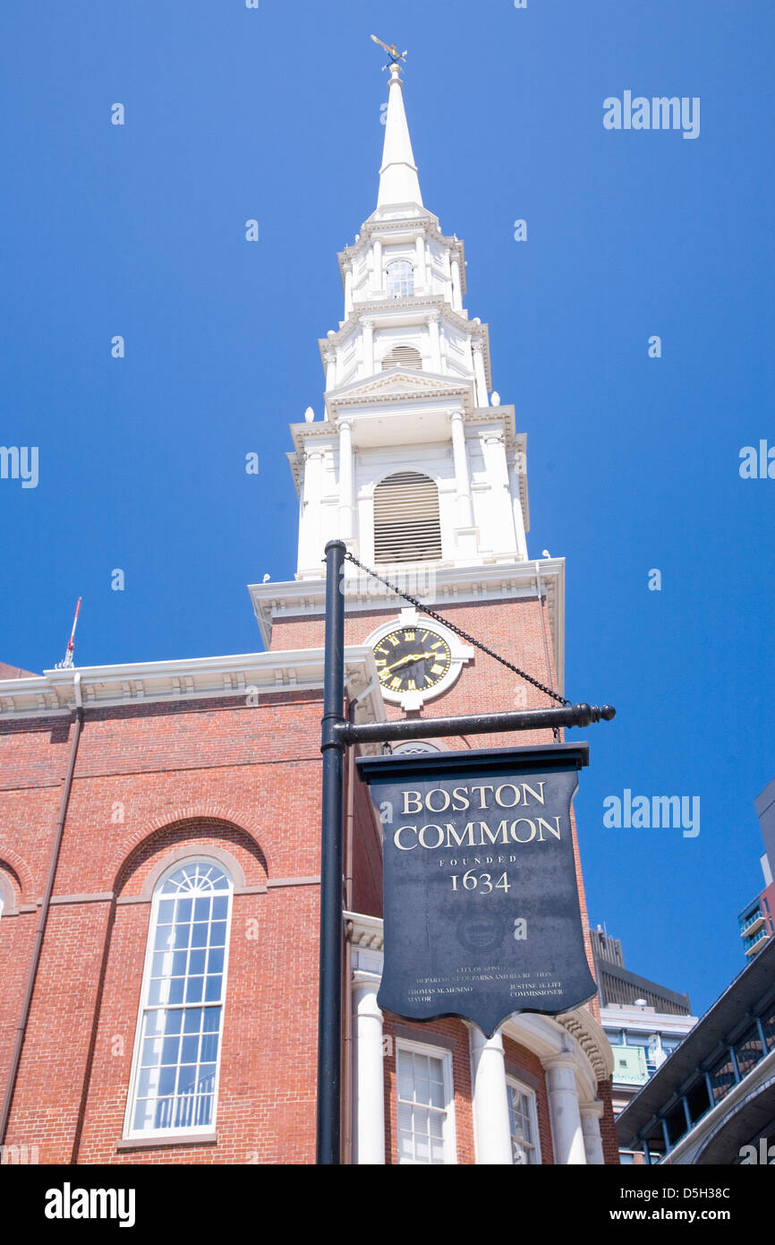 Boston Common melden unten Parkstraße Turm und Kirche, Boston, Ma., New England, USA Stockfoto