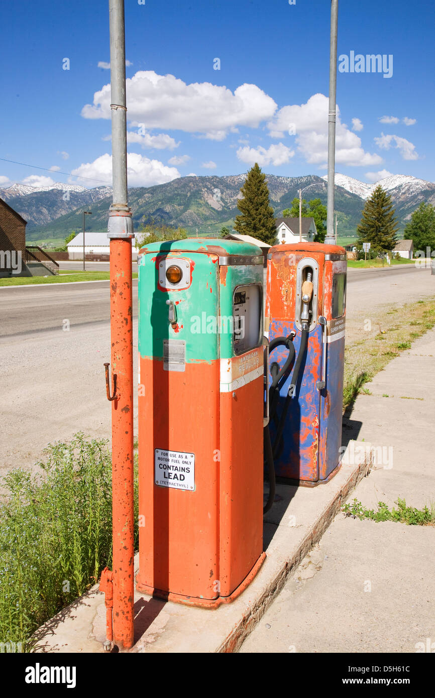 Distressed antiken Zapfsäulen in Freiheit, Wyoming Stockfoto