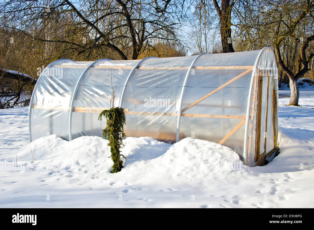 handgemachte Polyethylen Gewächshaus für Gemüse im Winter auf Schnee Stockfoto