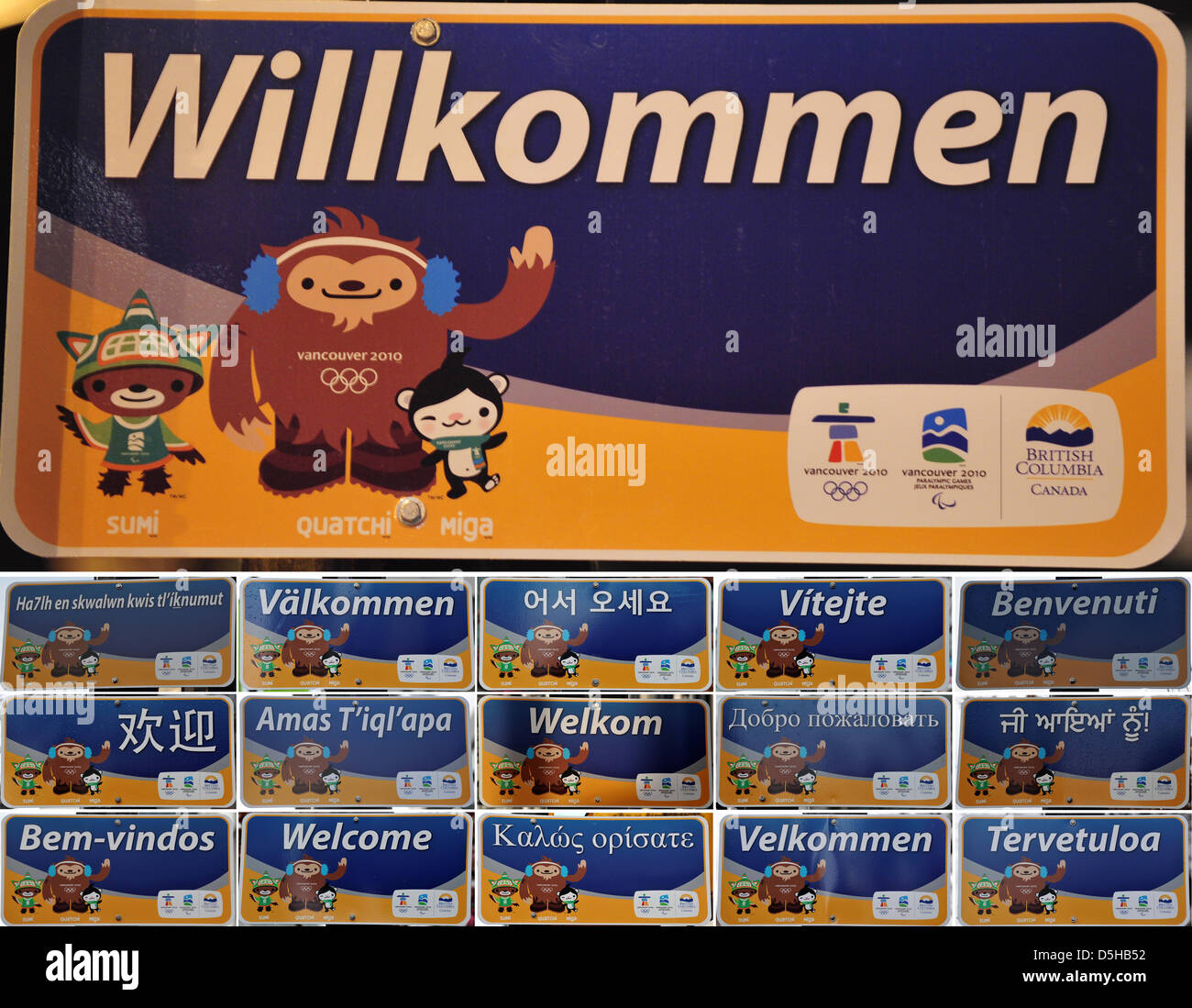 Eine Bild-Kombination zeigt Anzeichen in verschiedenen Sprachen, Besucher und Athleten an den Olympischen Winterspielen in Vancouver, Kanada, 5. Februar 2010 begrüßen zu dürfen. Die drittgrößte Stadt Kanadas Gastgeber der Olympischen Winterspiele 2010 von Februar 12-28 Februar 2010. Foto: Peter Kneffel +++(c) Dpa - Bildfunk +++ Stockfoto