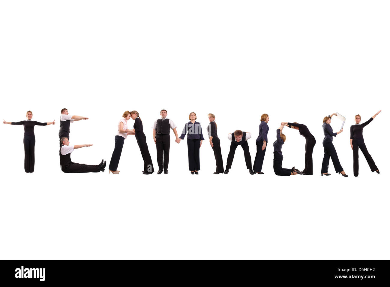 Gruppe von jungen Geschäftsleuten über weiße Form Teamarbeit Wort stehen Stockfoto