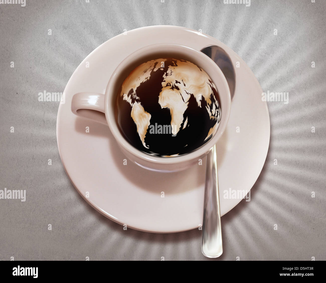 Nahaufnahme der Weltkarte bedruckt in Kaffee, Kaffee am Morgen darstellt Stockfoto