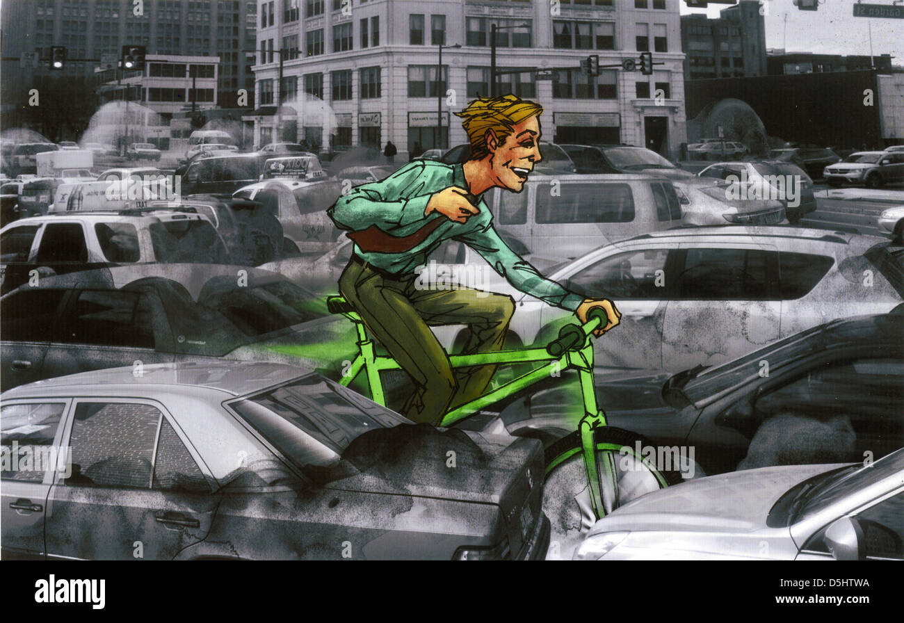 Anschauliches Bild des Mannes grünen Fahrrad durch starken Verkehr Stockfoto