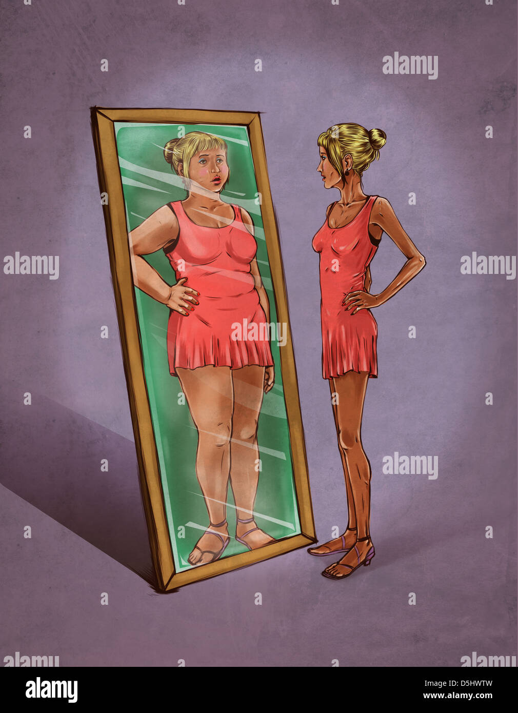Anschauliches Bild der Frau in Spiegel sieht sich als Vertretung der Essstörung Übergewicht Stockfoto