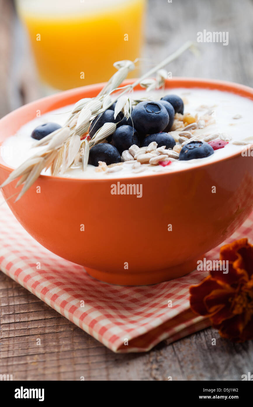 Joghurt mit frischen Heidelbeeren und Früchte-Müsli Stockfotografie - Alamy