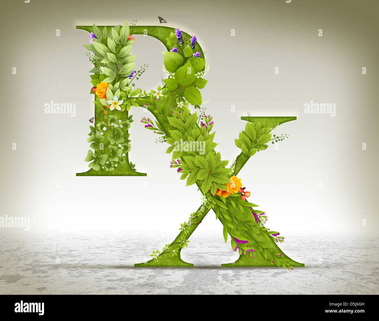 Symbol für RX über farbigen Hintergrund von Kräutern gemacht. Stockfoto