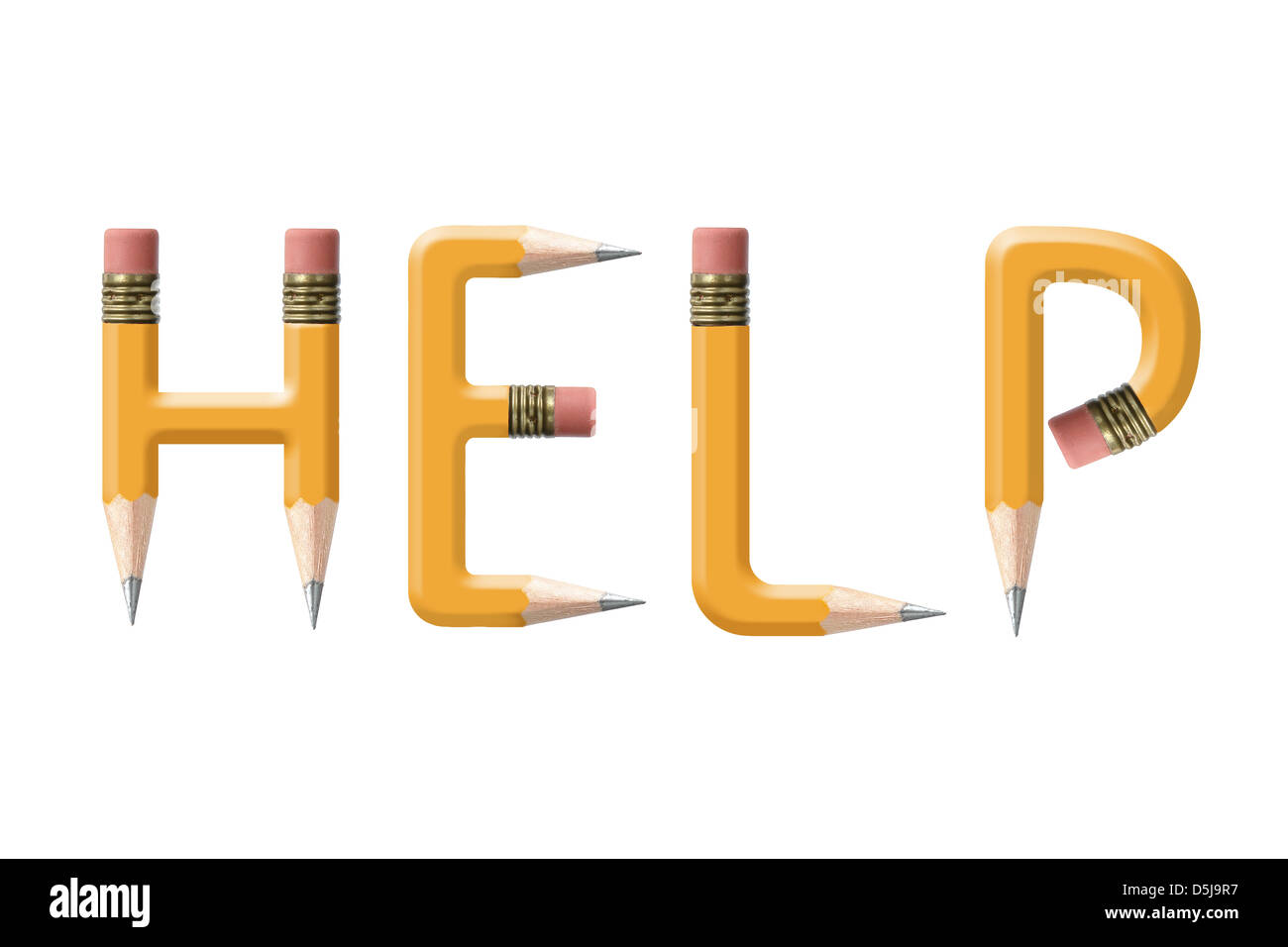 Gelbe Stifte zu Hilfe Wort isoliert auf weiss gebogen Stockfoto