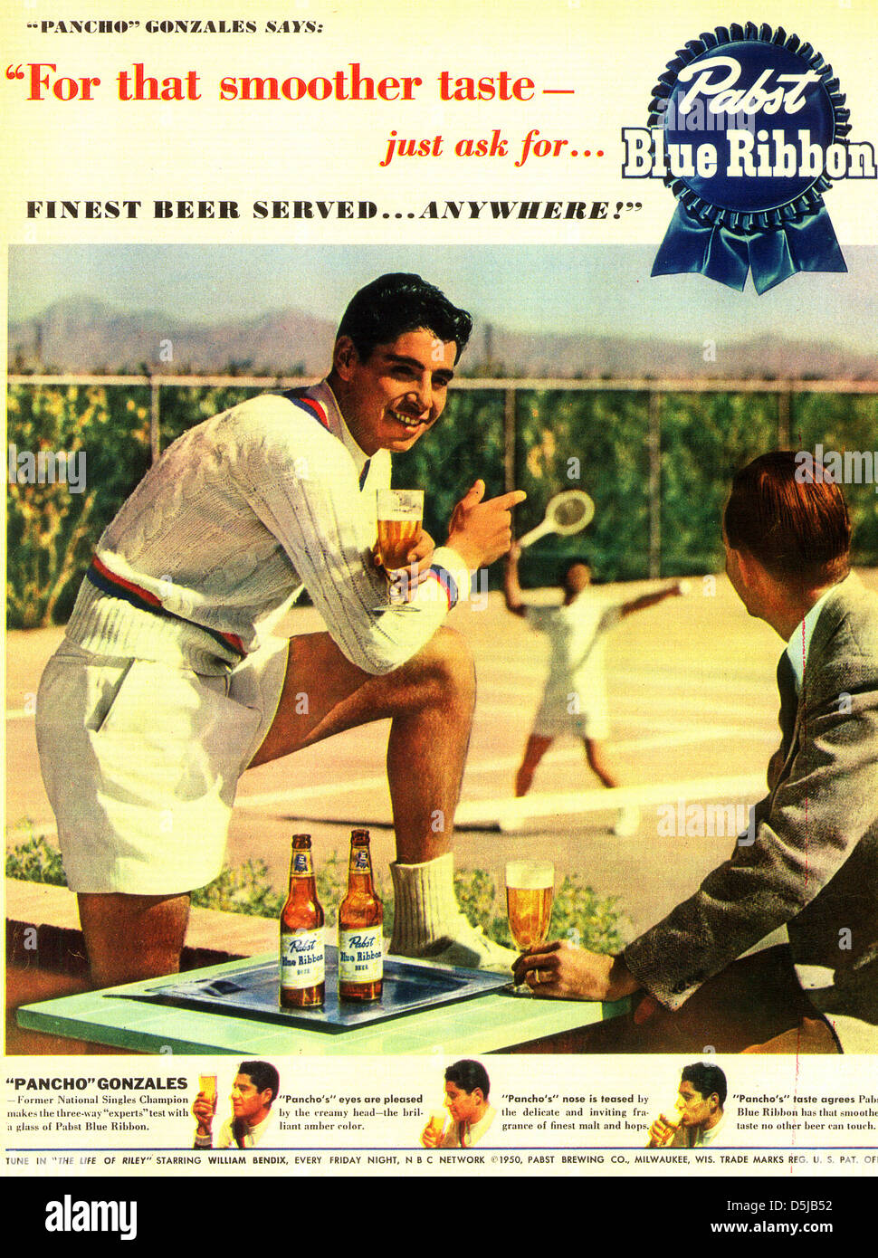 PABST BLUE RIBBON Bier Werbung im Jahr 1950 von der damaligen Welt gefördert Nein ich Tennisspieler Pancho Gonzales Stockfoto