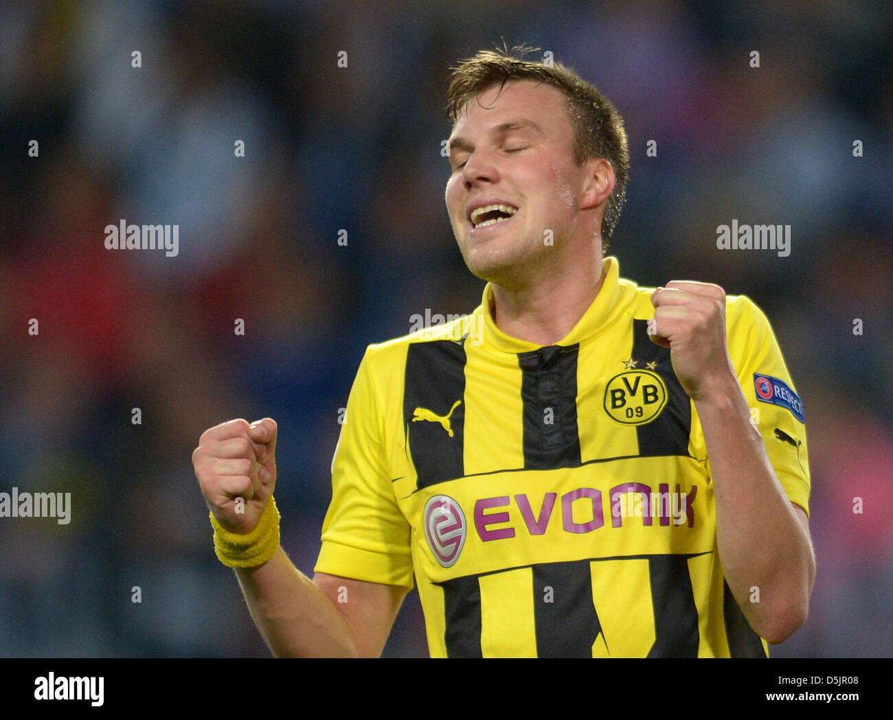 03.04.2013. Malaga, Spanien.  Dortmunds Kevin Grosskreutz reagiert während der UEFA Champions League Viertelfinale ersten Bein Fußballspiel zwischen FC Malaga und Borussia Dortmund im Stadion La Rosaleda in Malaga, Spanien, 3. April 2013. Stockfoto