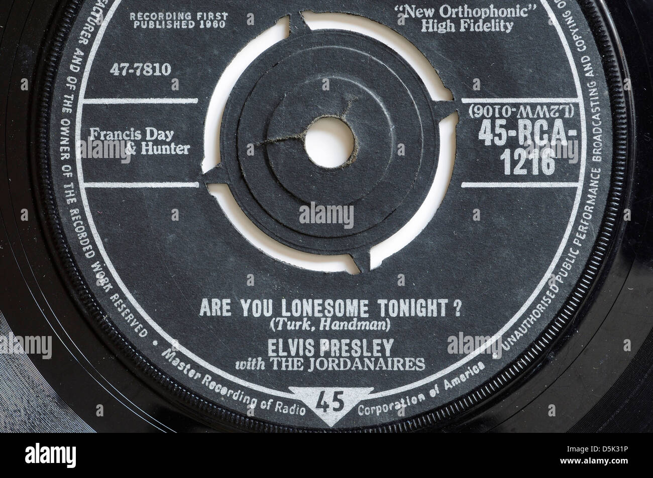 Elvis Presley sind Sie Lonesome Tonight 7' einzigen Plattenlabel Stockfoto