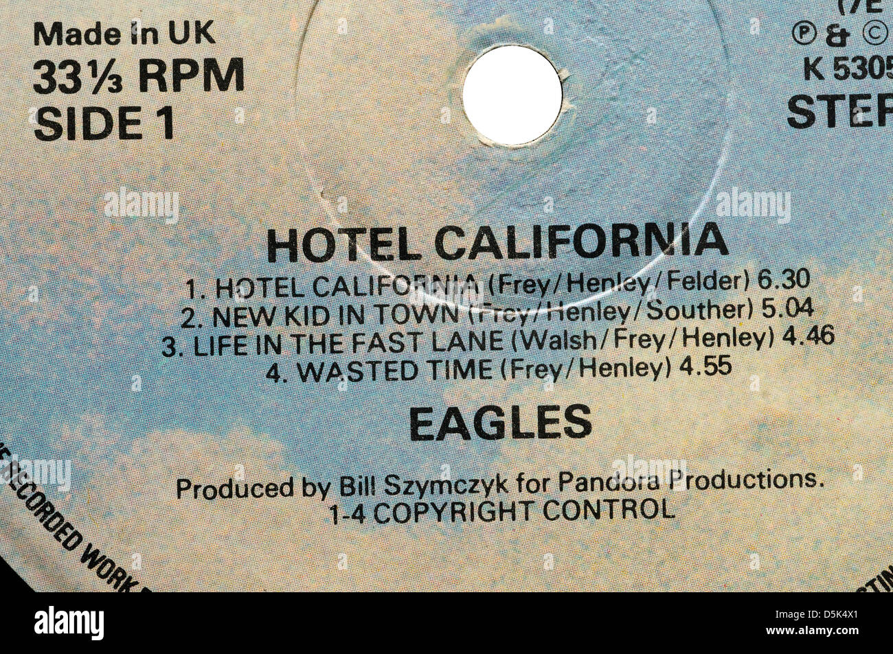 Die Eagles-Hotel California-Plattenlabel mit Klassikern Hotel California und das Leben auf der Überholspur Stockfoto