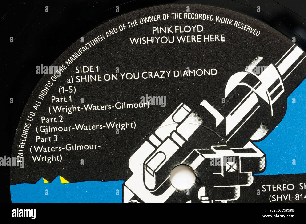 Pink Floyd Wish You Were Here Plattenlabel mit klassischen Titel Shine On You Crazy Diamond Stockfoto