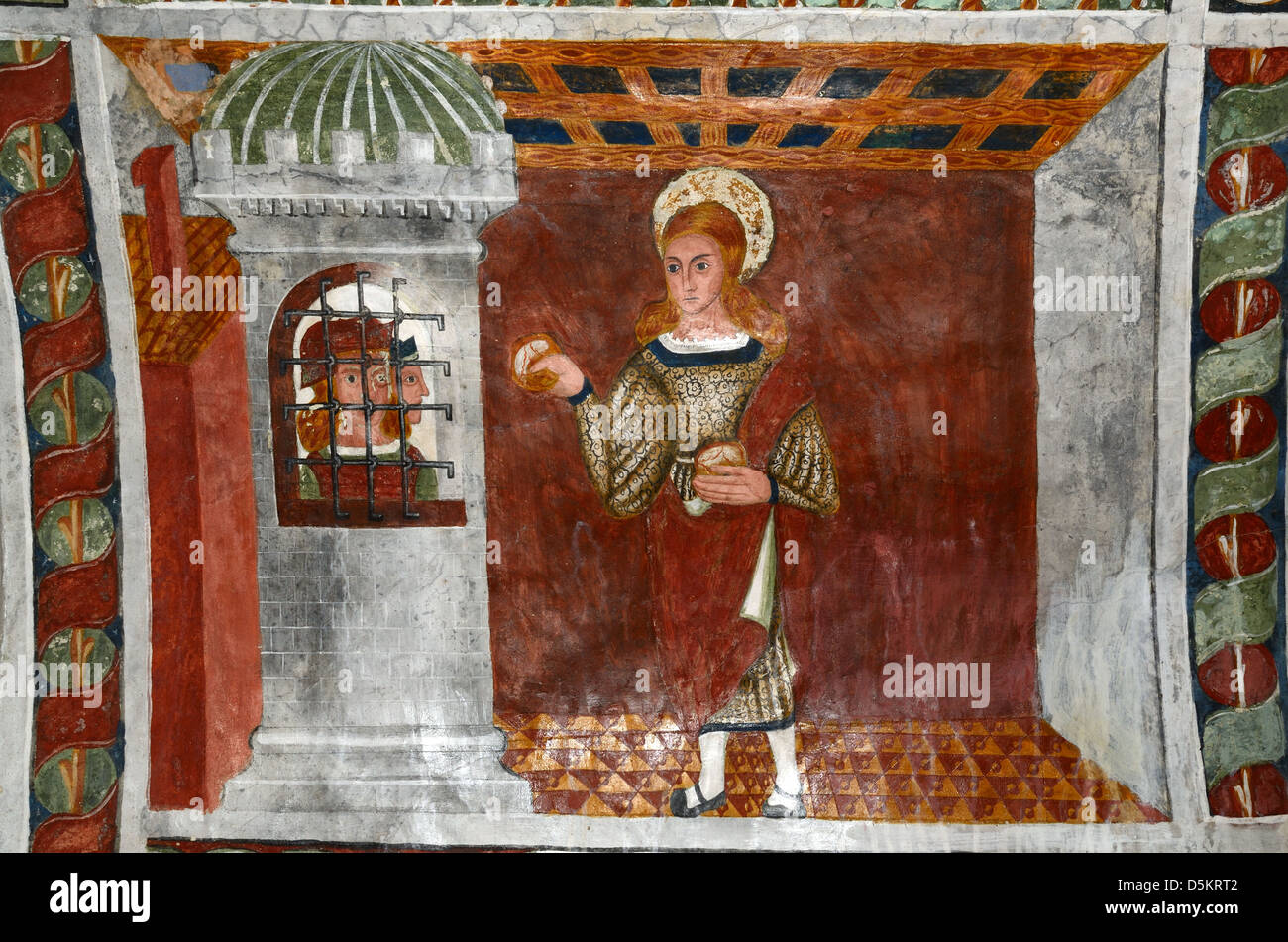 Wandgemälde oder Fresko der heilige Sebastian, der den inhaftierten Christen Brot bringt (1513), malte Kapelle des heiligen Sebastian Roubion Alpes-Maritimes Frankreich Stockfoto