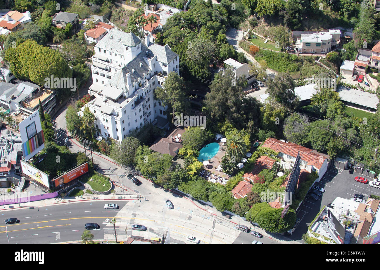 Luftaufnahme des Chateau Marmont Hotel am Sunset Boulevard. Los Angeles Californa - 26.04.2011 Stockfoto