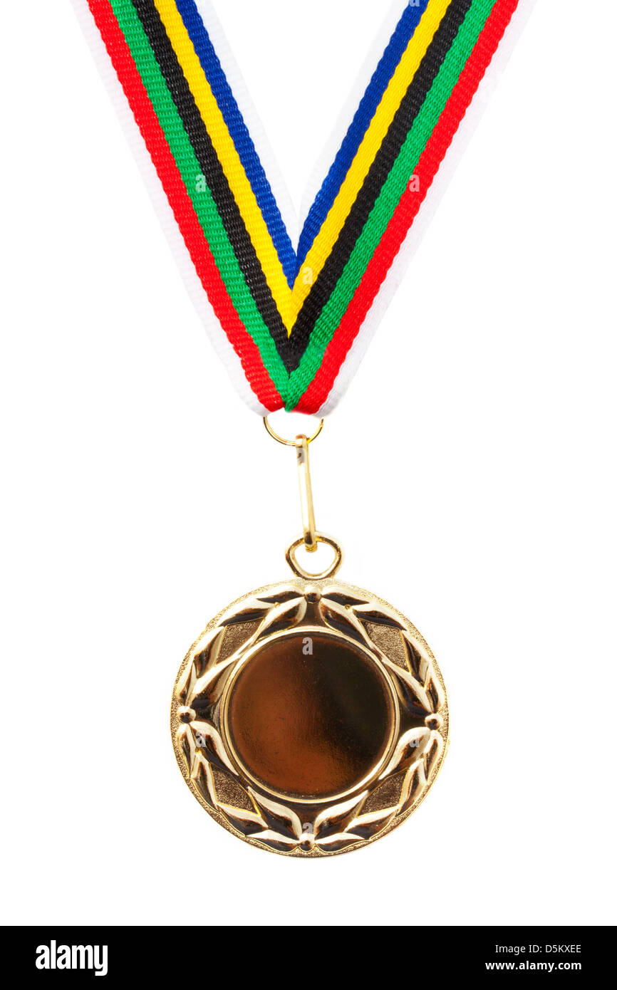 Goldene Medaille auf bunten Bändchen über weiß Stockfoto
