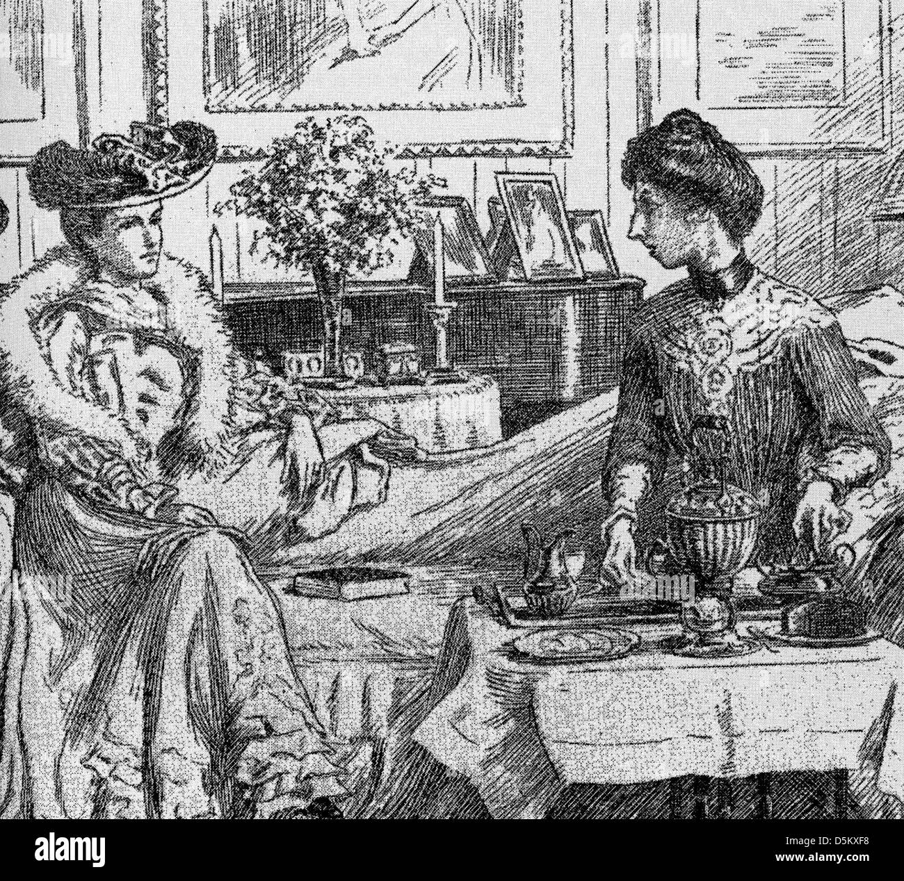 Einnahme von Tee im späten viktorianischen Zeitalter Stockfoto