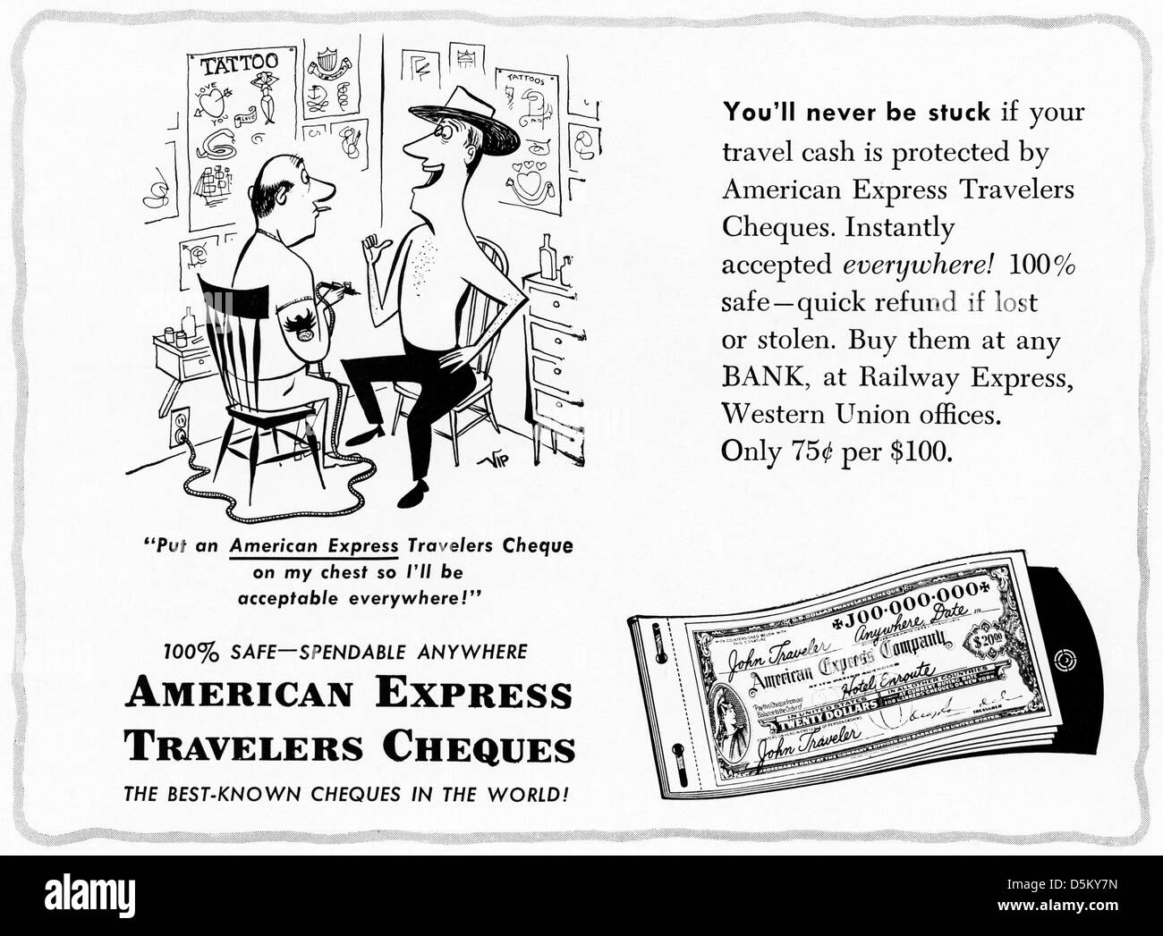 Anzeige der 1950er Jahre American Express Travelers Cheques Anzeige in amerikanischen Magazin ca. 1954 Stockfoto