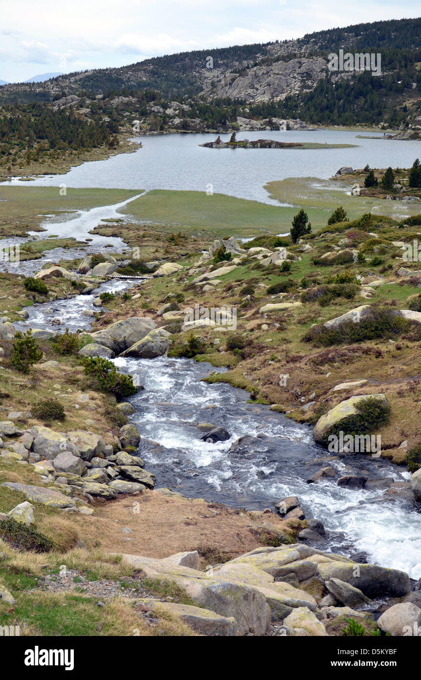 Ein Bach fließt in einem See in den französischen Pyrenäen in der Nähe von Font Romeu Stockfoto