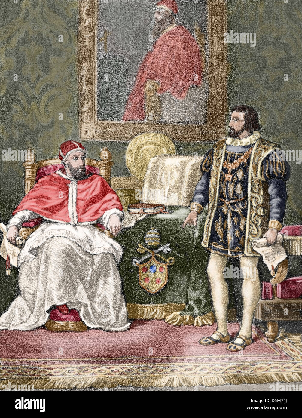 Papst Clement VII (1478 – 1534) mit dem König von Frankreich Franz ich (1494-1547). Farbige Gravur. Stockfoto