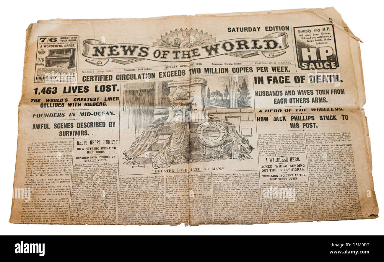 Nachrichten der Welt Zeitung für 21. April 1912 melden den Verlust der Titanic auf hoher See Stockfoto