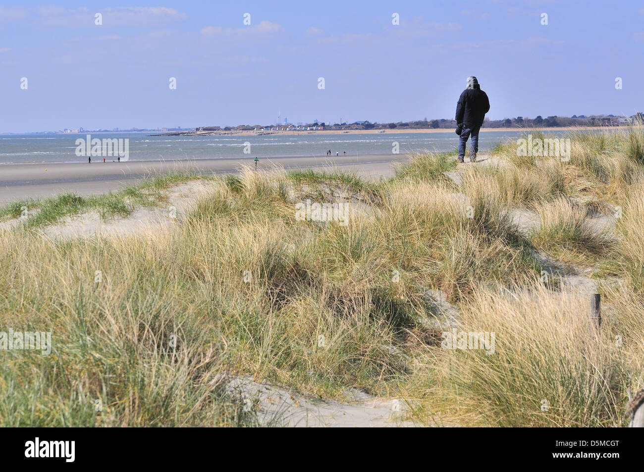 Blick auf die wunderschönen West Wittering mit der Blauen Flagge ausgezeichneten Sandstrand an der Südküste von Großbritannien an einem kalten Tag im April. In der Nähe von Chichester, West Sussex, England Stockfoto