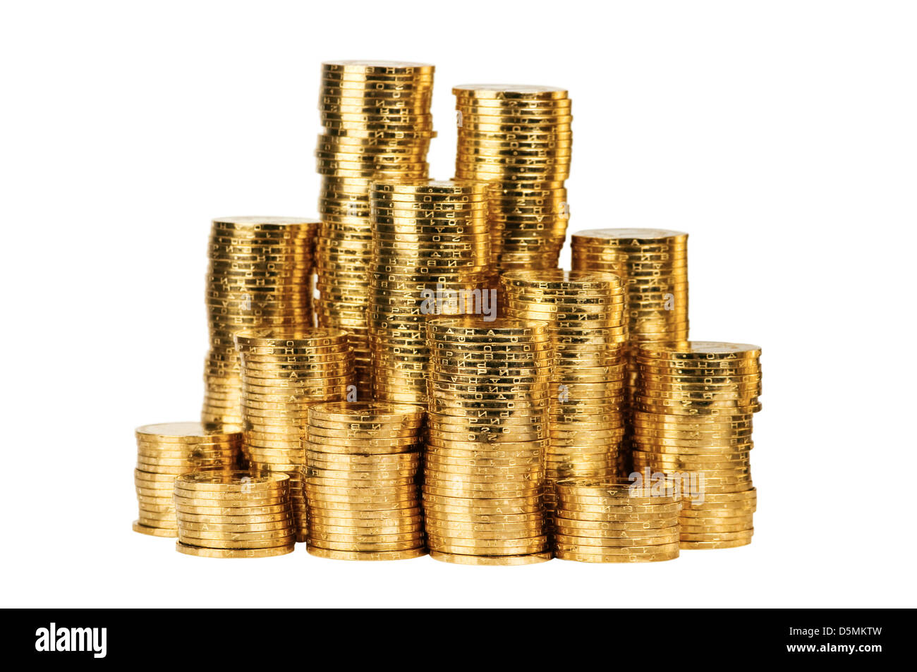 Goldmünze Stapel isoliert auf weiss Stockfoto