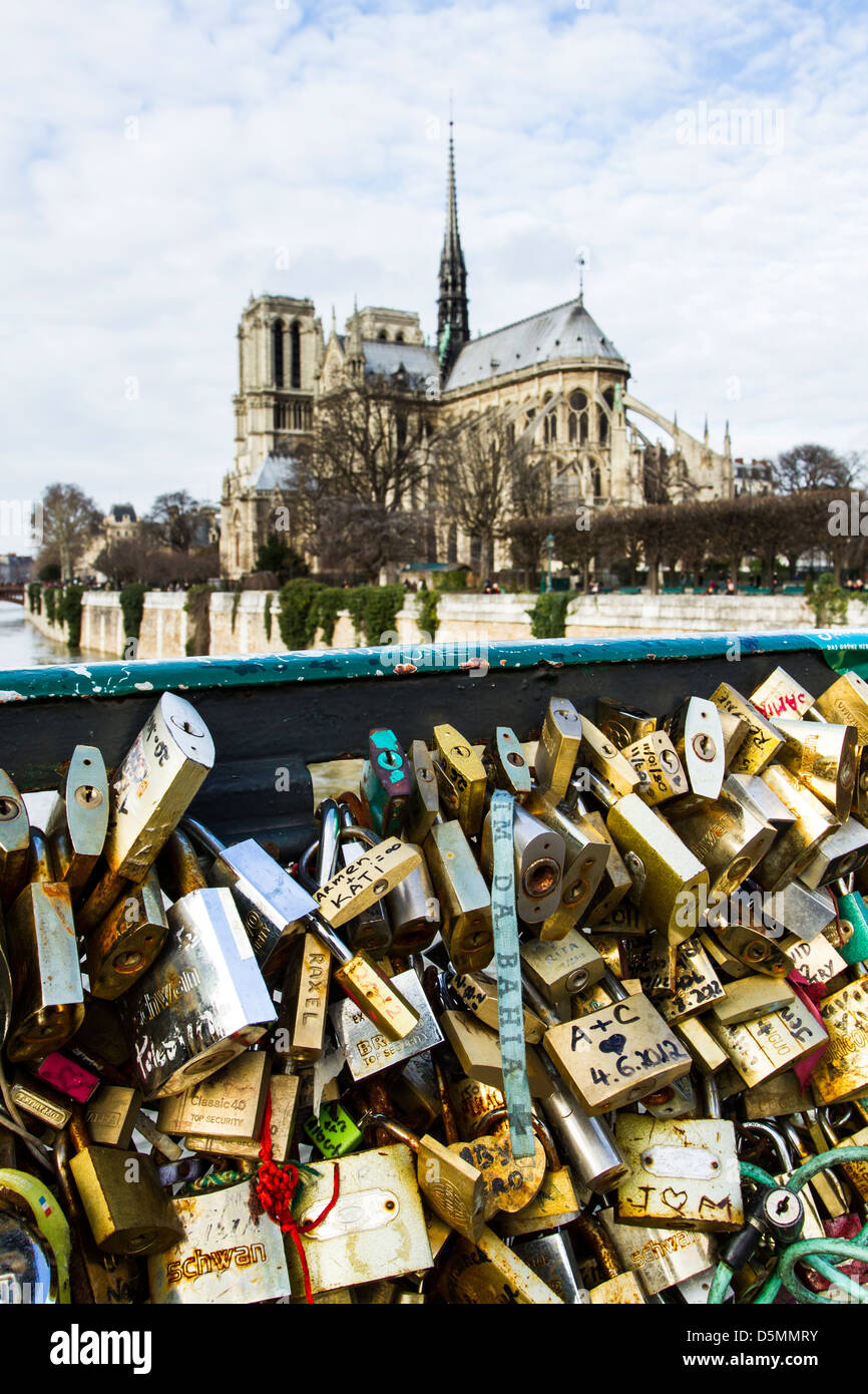 Liebesschlösser in Pont de l'Archeveche und Kathedrale Notre-Dame im Hintergrund. Stockfoto