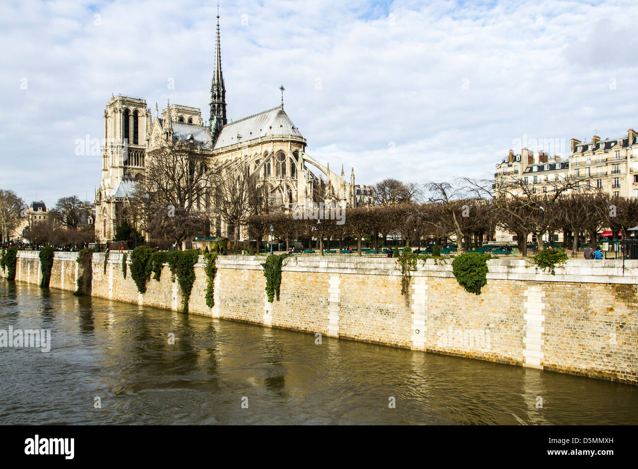 Notre Dame Cathedral (Cathedrale Notre Dame de Paris) von Pont de l'Archeveche betrachtet. Stockfoto