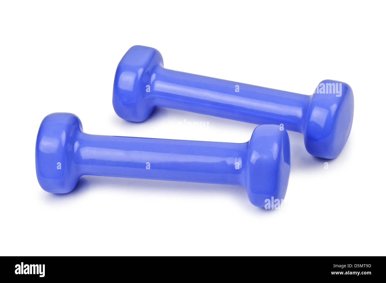 blaue Hanteln isoliert auf weiss Stockfoto