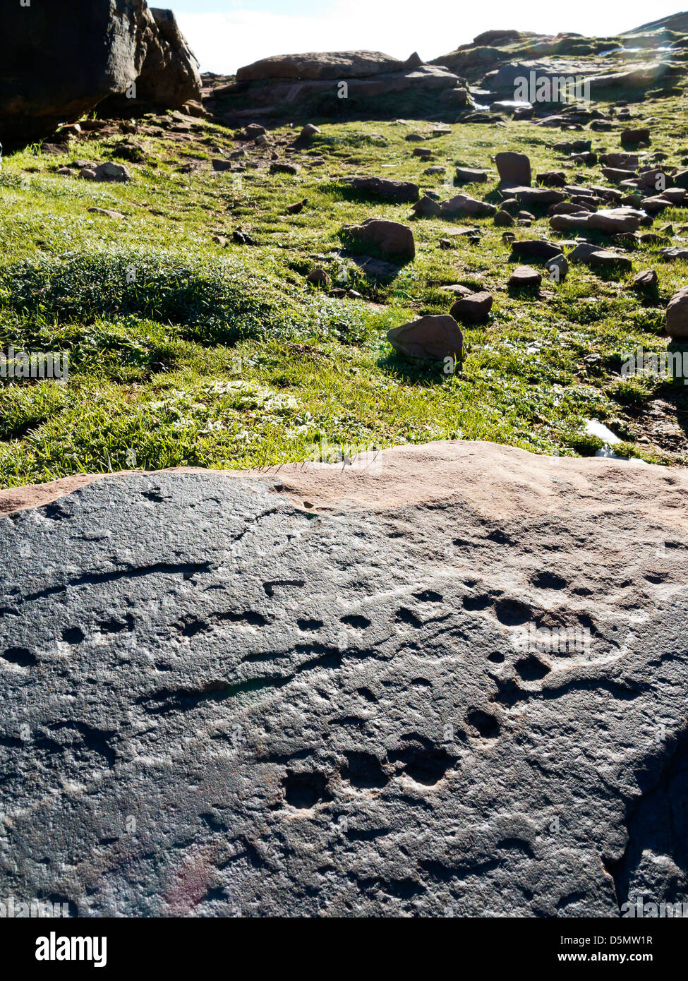 Prähistorische Felszeichnungen in Oukaimeden Skigebiet im hohen Atlas-Gebirge in Marokko Stockfoto