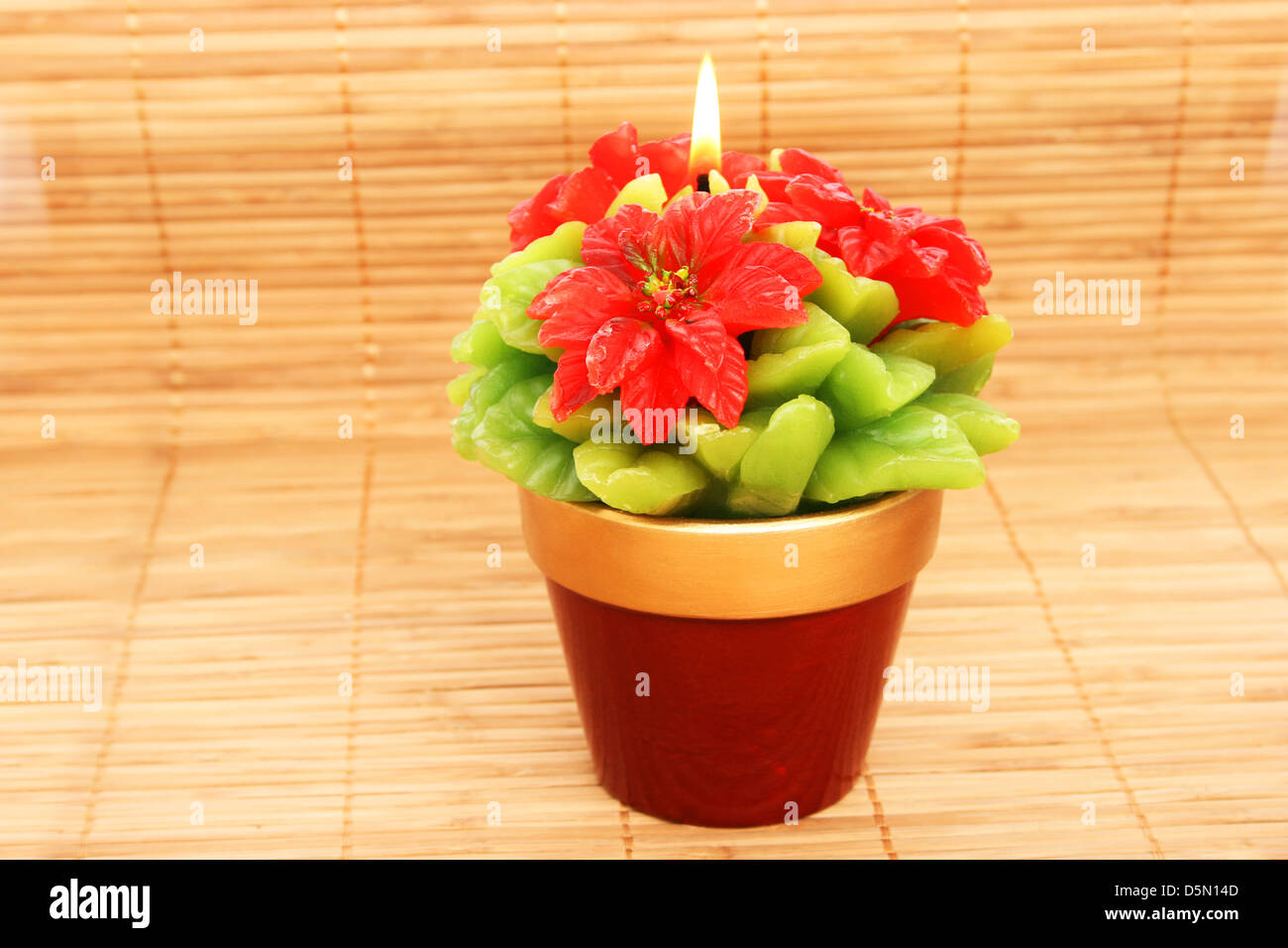 Rote Blumen Kerze auf Bambus Hintergrund. Stockfoto