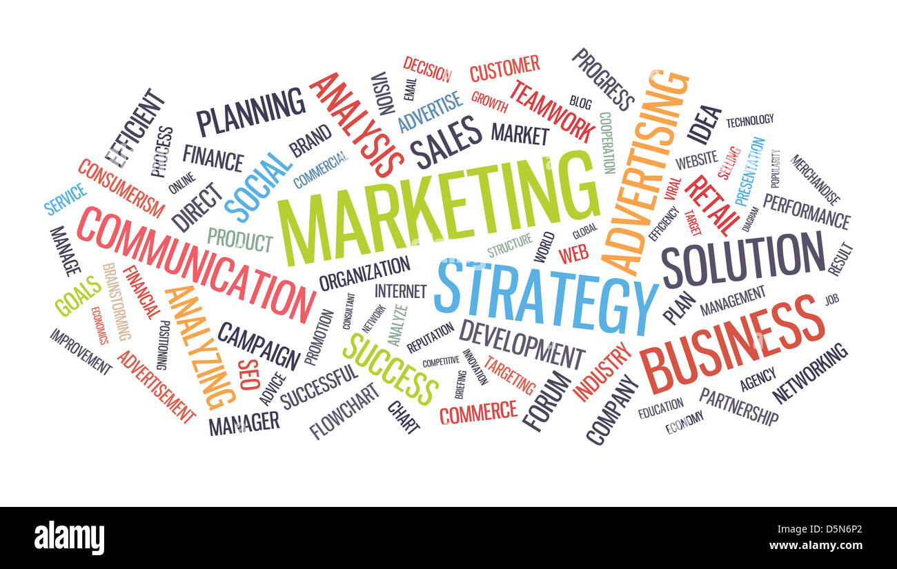 Marketing-Business-Strategie-Wort-Wolke-Vektor-Illustration. Isoliert auf weißem Hintergrund Stockfoto