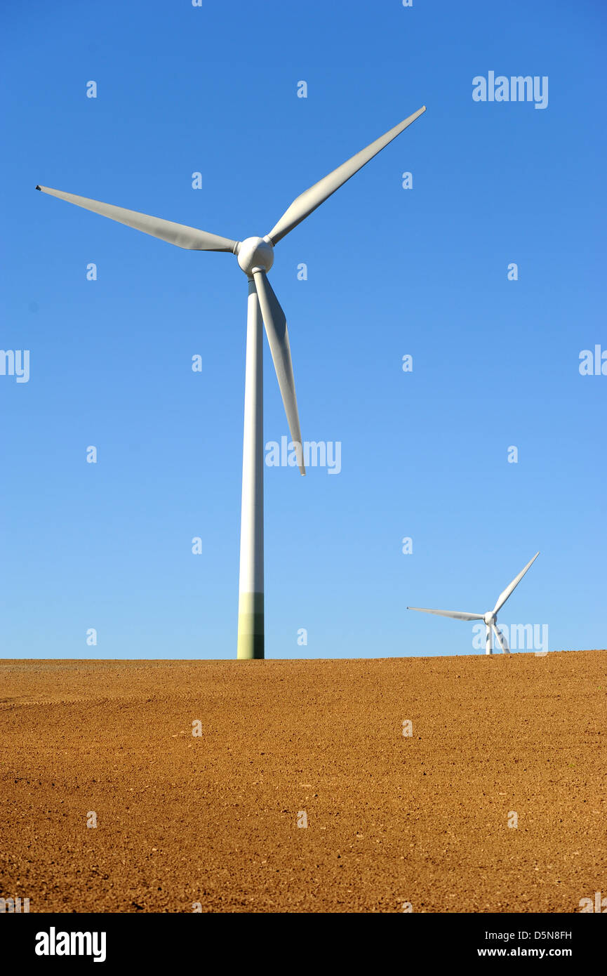 Ansicht von Windenergieanlagen auf ein Feld in der Nähe von Reinholdshain, Deutschland, 10. Oktober 2010. Foto: Thomas Eisenhuth Stockfoto