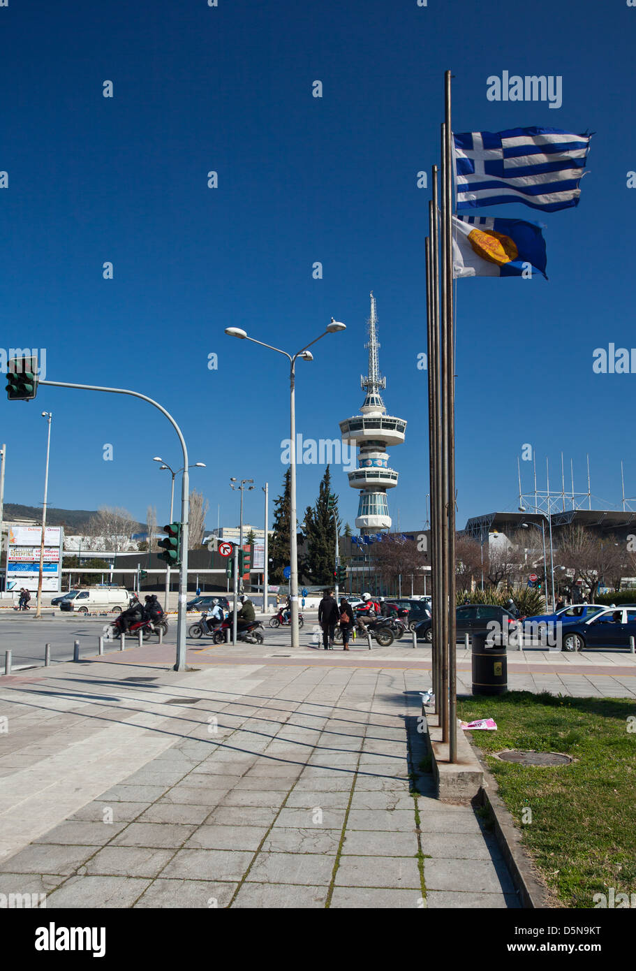 Der Helexpo Turm von dem Thessaloniki International Exhibition Centre in Thessaloniki in der Region von Mazedonien, Griechenland. Stockfoto