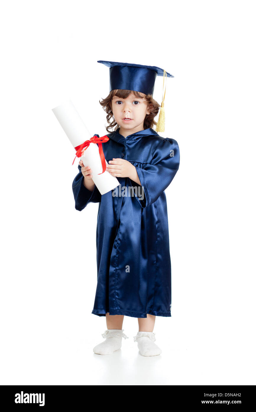 Entzückenden Kind in Akademiemitglied Kleidung mit roll Stockfoto