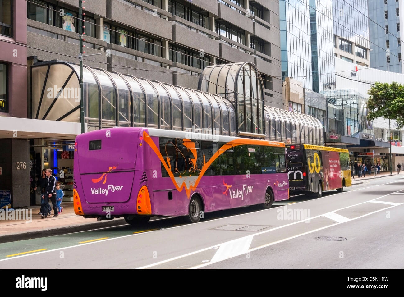 Linienbusse an Bushaltestelle in Lambton Quay, Wellington, Neuseeland. Stockfoto