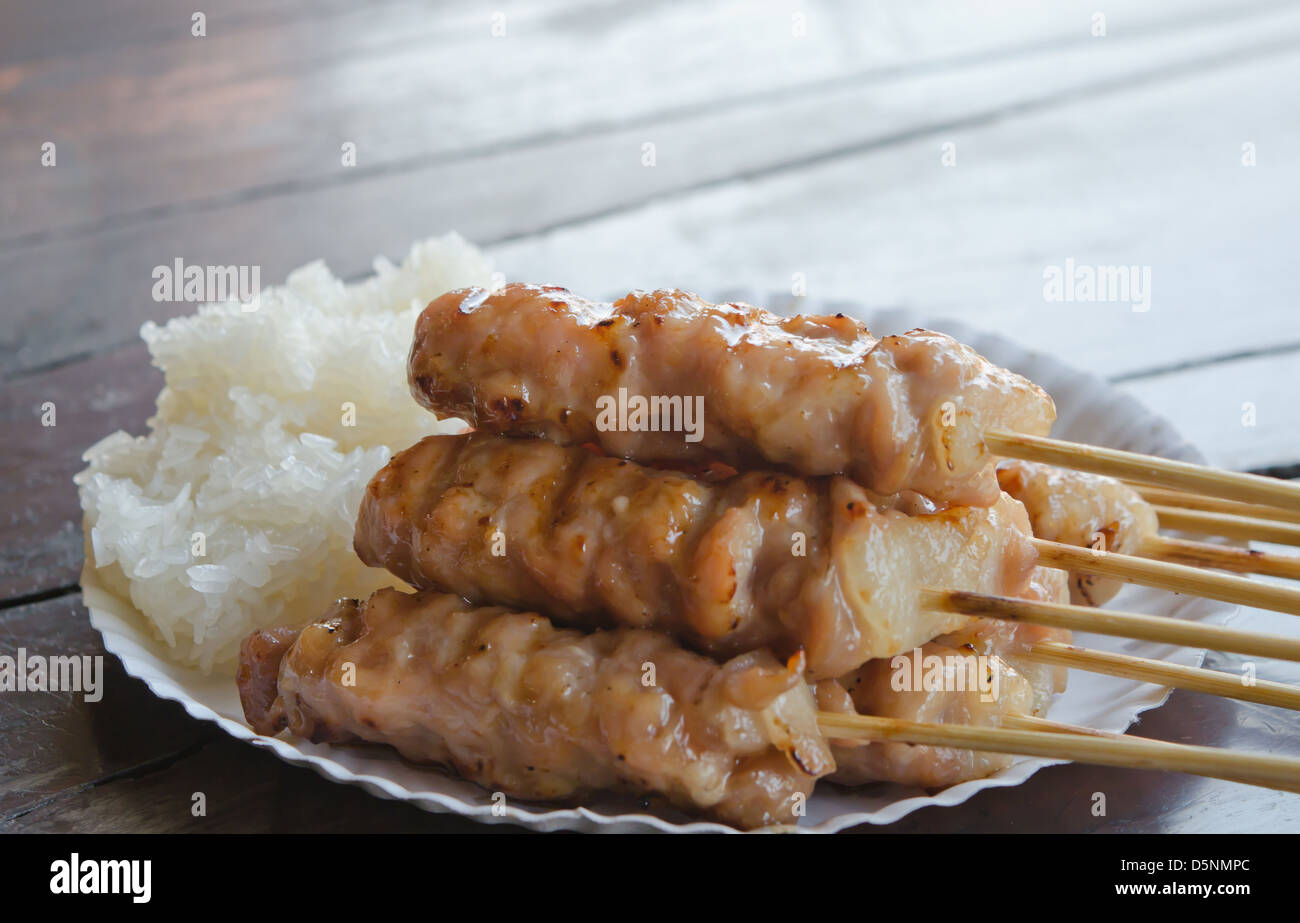 Gegrilltes Schweinefleisch und klebrigen Reis auf Pappteller, asiatische Küche Stockfoto