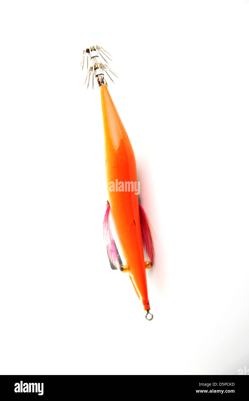 Fokus der Orange Verlockung ist Tintenfisch Angeln auf weißem Hintergrund. Stockfoto