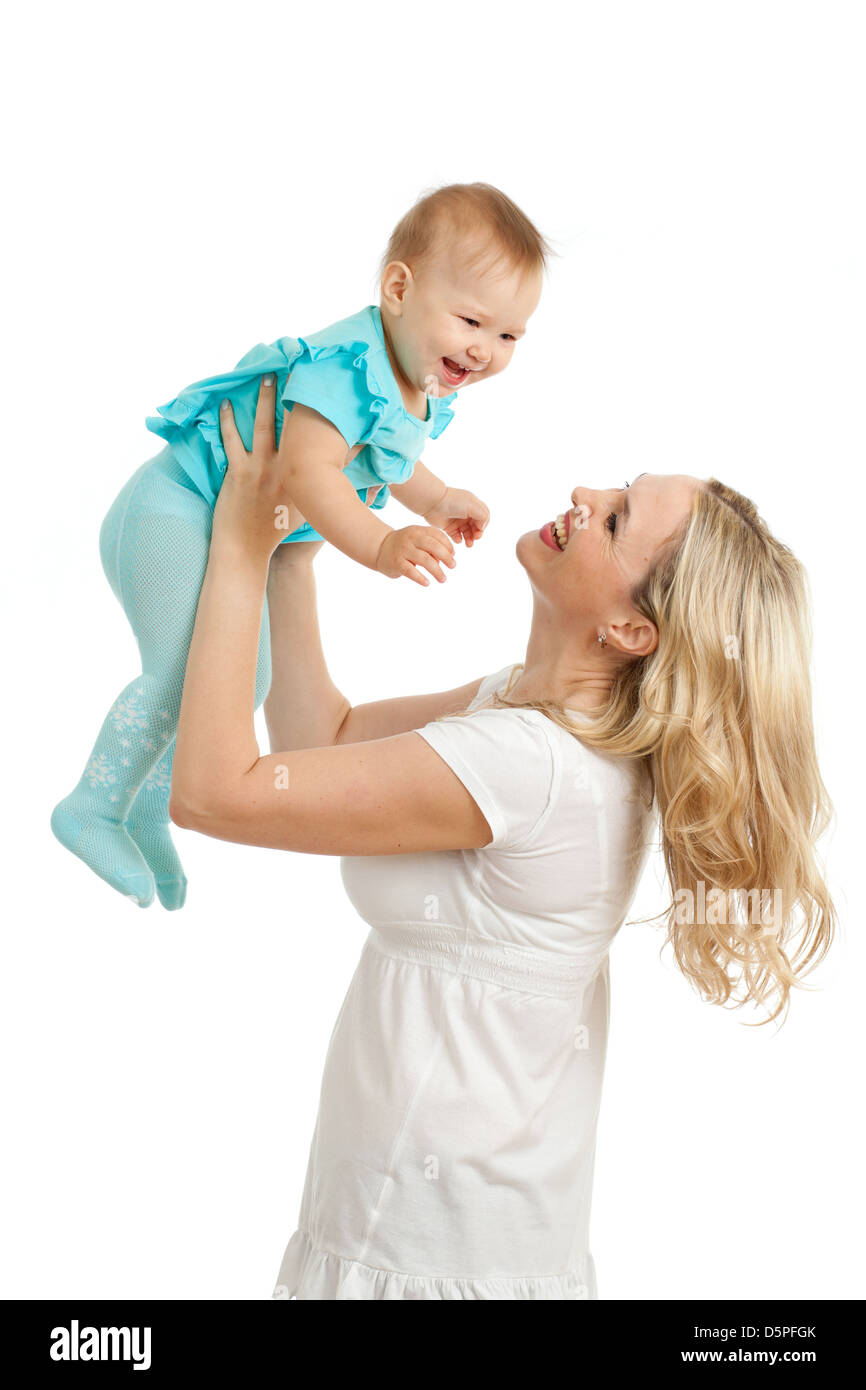 Porträt der liebenden Mutter und ihr Kind auf weißem Hintergrund Stockfoto