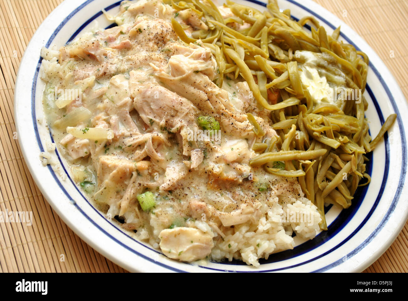 Mahlzeit von Sahne Pute mit grünen Bohnen Stockfoto