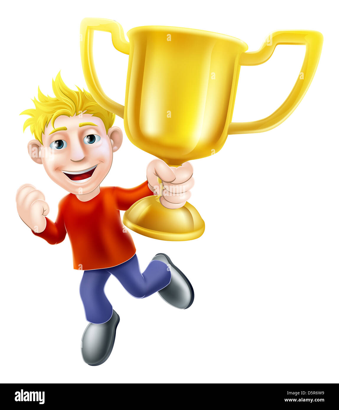 Ein Cartoon lässig gekleidet Mann glücklich springen in der Luft halten einen Gewinner gold Pokal Stockfoto
