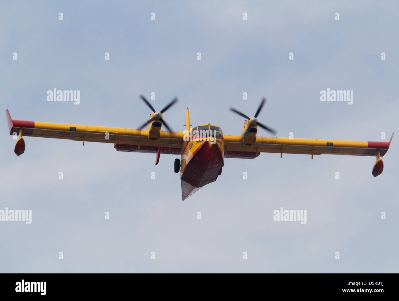 Ein Canadair Feuerlöscher Flugzeug wird während des Fluges angesehen. Stockfoto