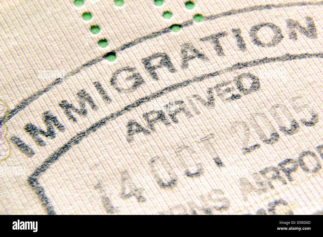 Zuwanderung steuern Reisepass Stempel Fragment; Fokus auf Einwanderung Wort Stockfoto