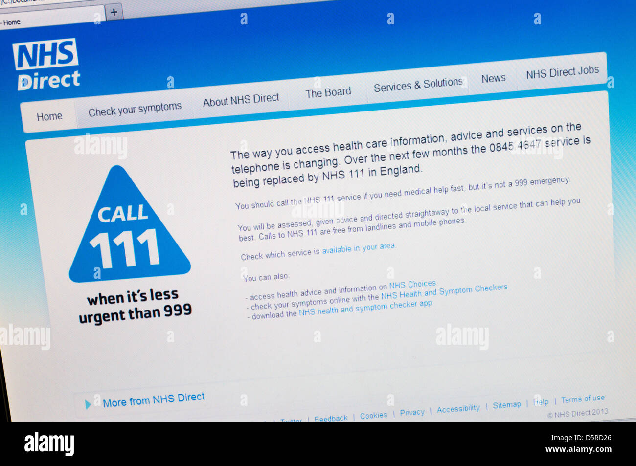 Die Homepage des NHS Direct Förderung des Einsatzes von 111 für nicht dringende Notrufe für das Gesundheitswesen. Stockfoto