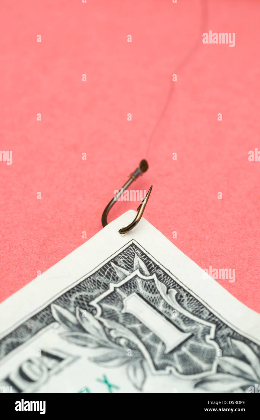 Ein Angelhaken snagged 1 Dollarschein Stockfoto
