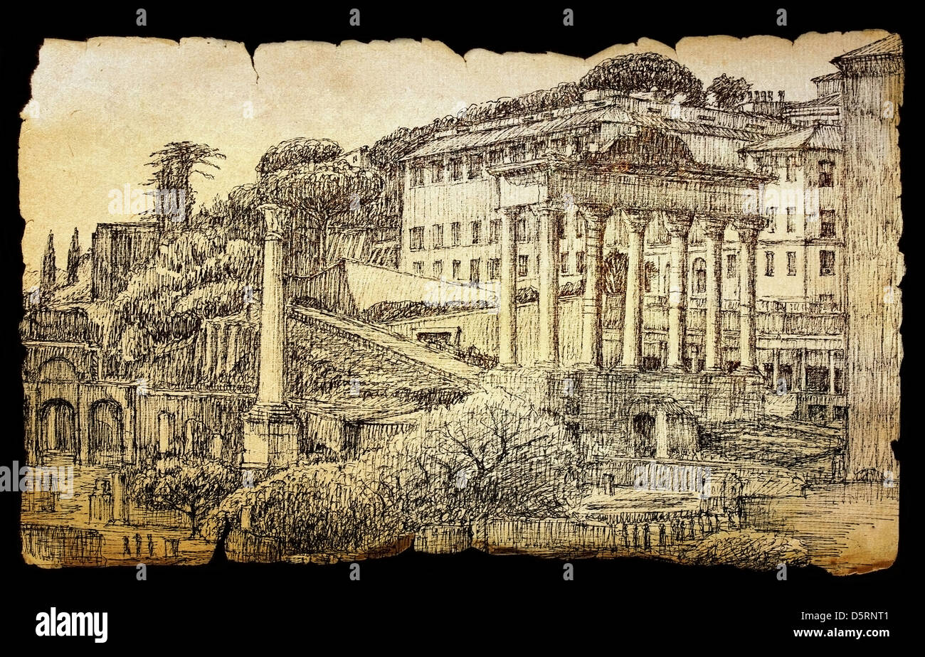 Roman Forum Stadtbild von Tinte auf dem alten Papier isoliert auf schwarz gemalt Stockfoto