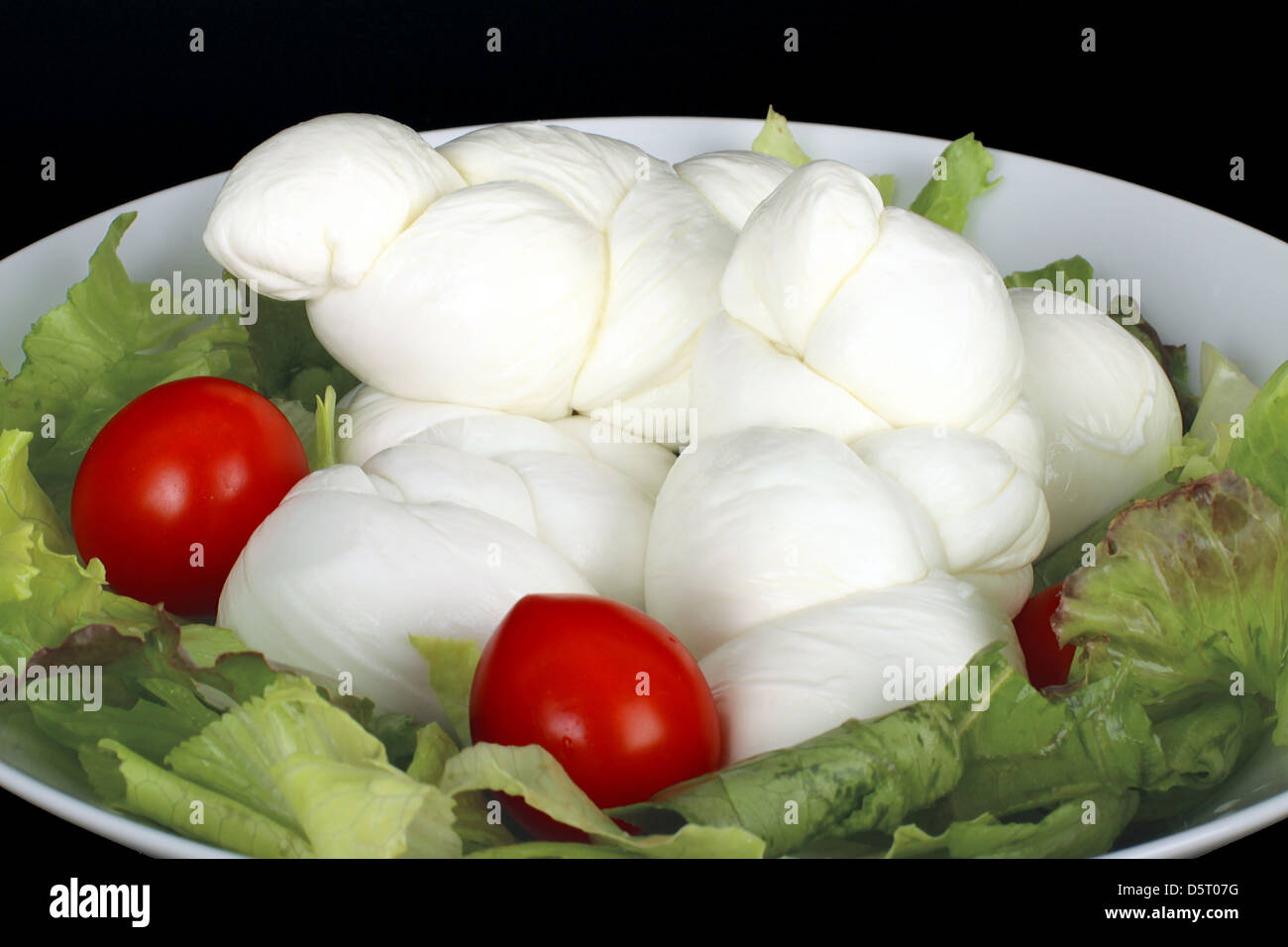 Geflecht aus italienischen Mozzarella mit Salat und Tomaten Stockfoto