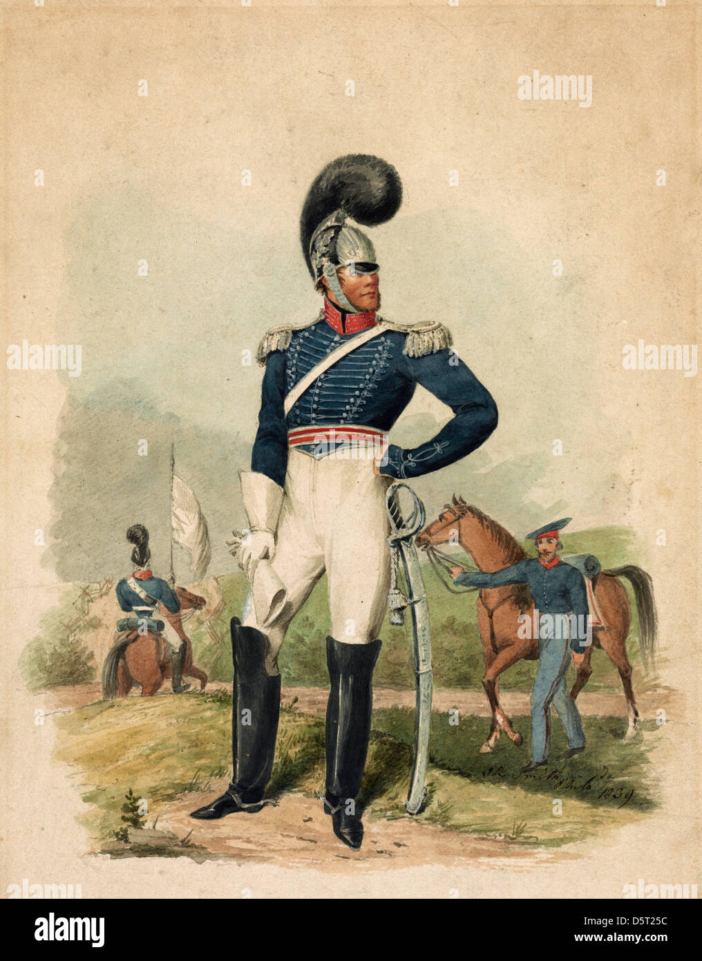 Officer von die erste Truppe, Philadelphia, nach vorne, drehte den Kopf in Richtung rechts stehend vor Soldat mit Pferd und ein weiteres auf dem Pferderücken, ca. 1839 Stockfoto